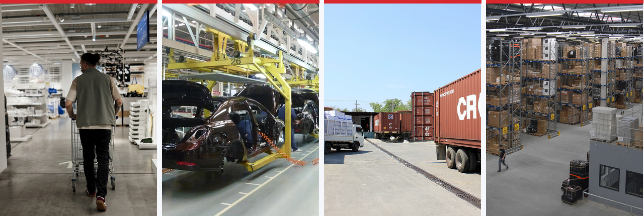 Illustrative retail, industrial, loading-bay and warehouse camera contexts
